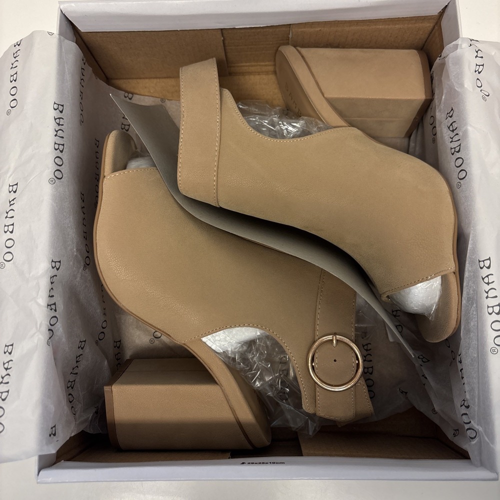 Bamboo Milestone-20 Nudnub Beige Open Toe Block Heel Buckle Booties Women 7